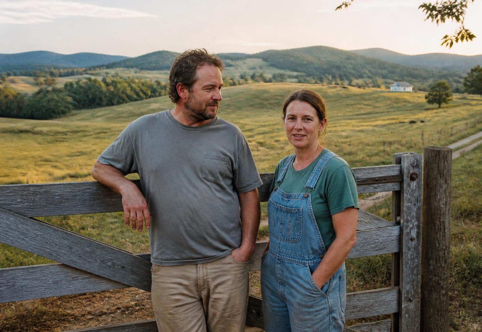 Virginia Piedmont farmland along a fence line at golden hour